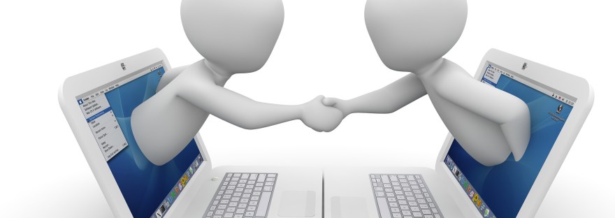 Generic people reach out of their laptop monitor to shake hands.