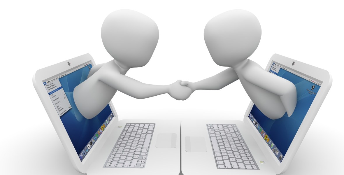 Generic people reach out of their laptop monitor to shake hands.