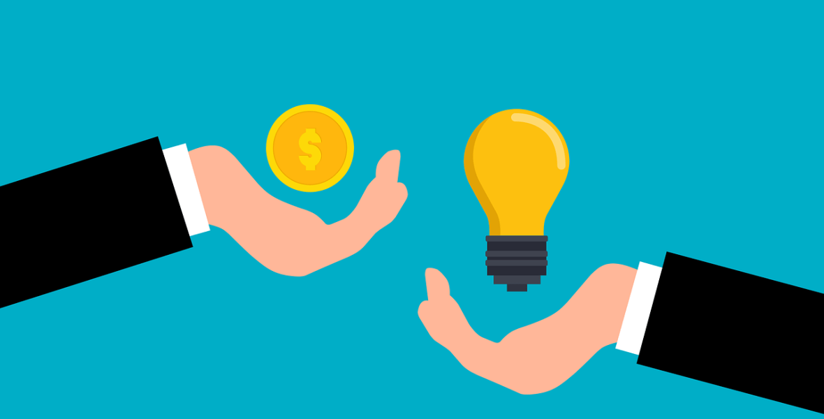Two hands outstretched. One offers money. The other offers an idea.